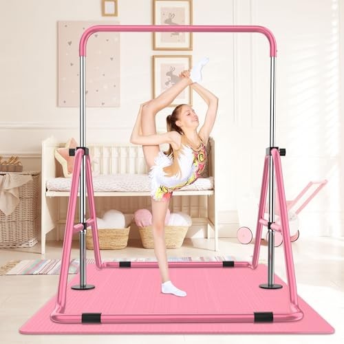  Gymnastics Bar with Mat, Foldable Gymnastics Horizontal Bar Height Pink