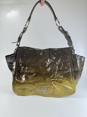 Authentic Prada Gold Ombre Patent Leather Flap Shoulder Bag made in Italy