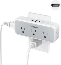 Multi Plug Outlet Extender, USB C Wall Charger, 5 Outlets, Gray in white