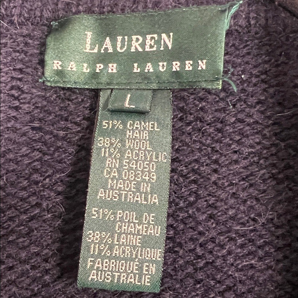 Lauren Ralph Lauren Women's Navy Blue Gold Knit Camel Hair Wool Cardigan Large thumbnail 6