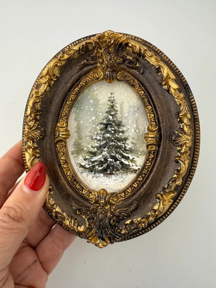 Pintura al óleo miniatura árbol de Navidad, pintura con marco rústico vintage regalo Foto 3 de 4
