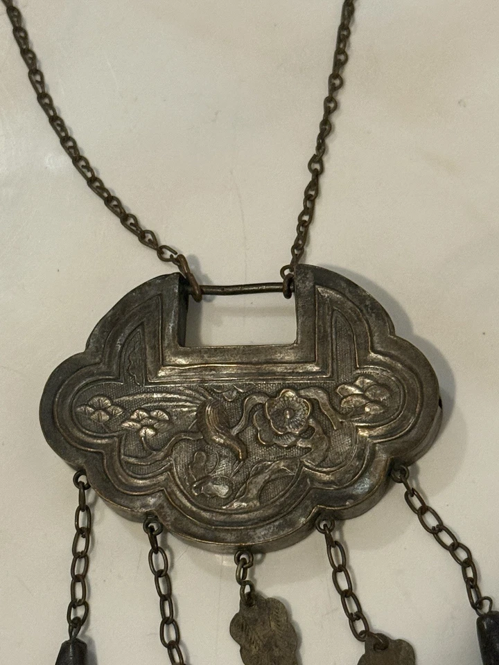 Antique Chinese Silver Longevity Lock Necklace Amulet with Hanging Charms - Image 2 of 4