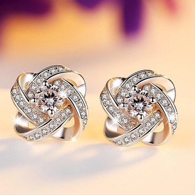 .925 Sterling Clover Knot Stud Earrings with Clear Cubic Zirconia & Pave Accent