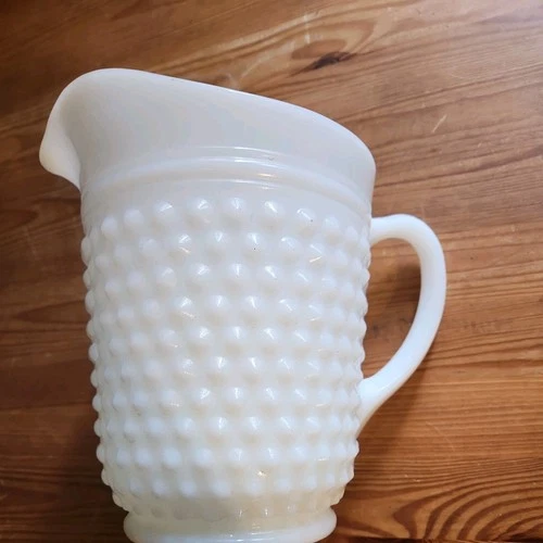 Vtg Anchor Hocking White Milk Glass Hobnail Pitcher 8" Tall