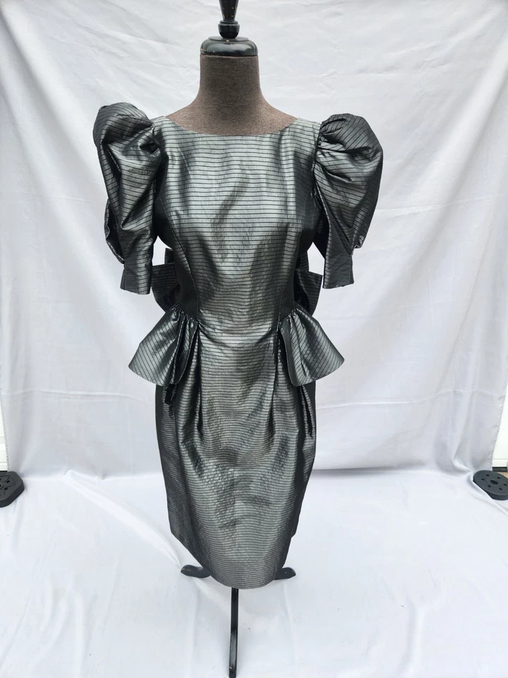 Vintage Barboglio Cristina Jan Black/Gray Peplum 80s Cocktail Dress Size 8 - Image 2 of 4