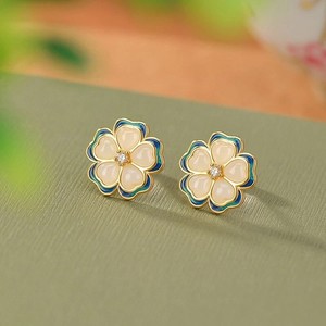 Authentic Earrings Flower Light Jade Blue Edge 925 Sterling Silver Gold Plated