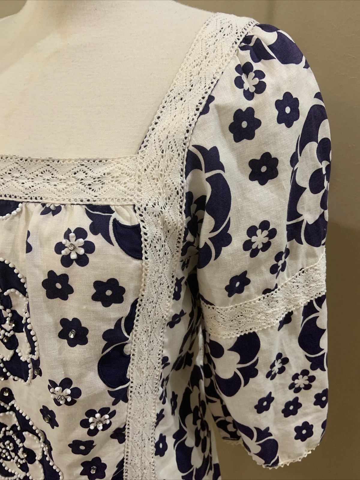 Tory Burch tunica di lino beige navy con perline taglia 10