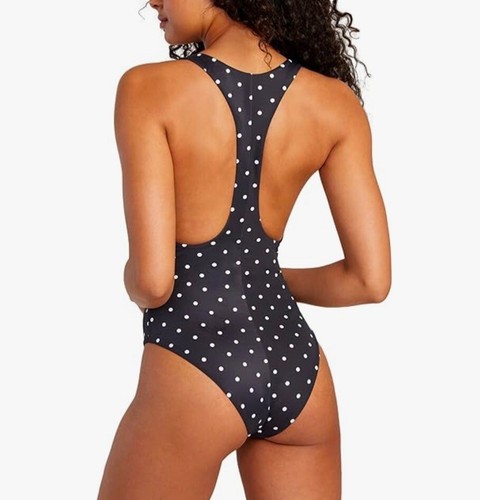 RVCA Swimsuit One Piece L Black White Polka Dot Racerback Medium Cut Swim Suit - Picture 6 of 7