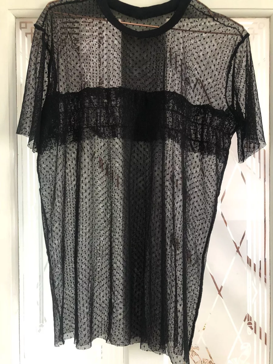 Black Mesh Top With Frill Detail Size 12 14 Used In Good
