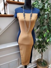 Boohoo Women's Tan & Blue Polyester Short Sleeve Round Neck Knee Length Dress 4