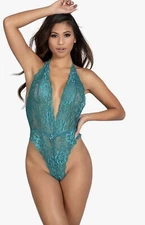 Seven ‘til Midnight, Floral Lace Teddy w/ Plunging Neckline, One Size, Emerald