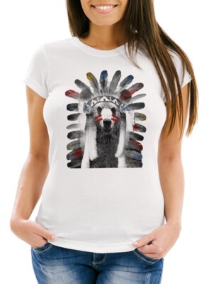 Damen T-Shirt Boho Indianer Häuptling Bär Slim Fit Moonworks 