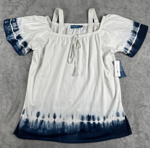 Caribbean Joe Cold Shoulder Bluse Damen Large weiß und blau Batik Design neu mit Etikett