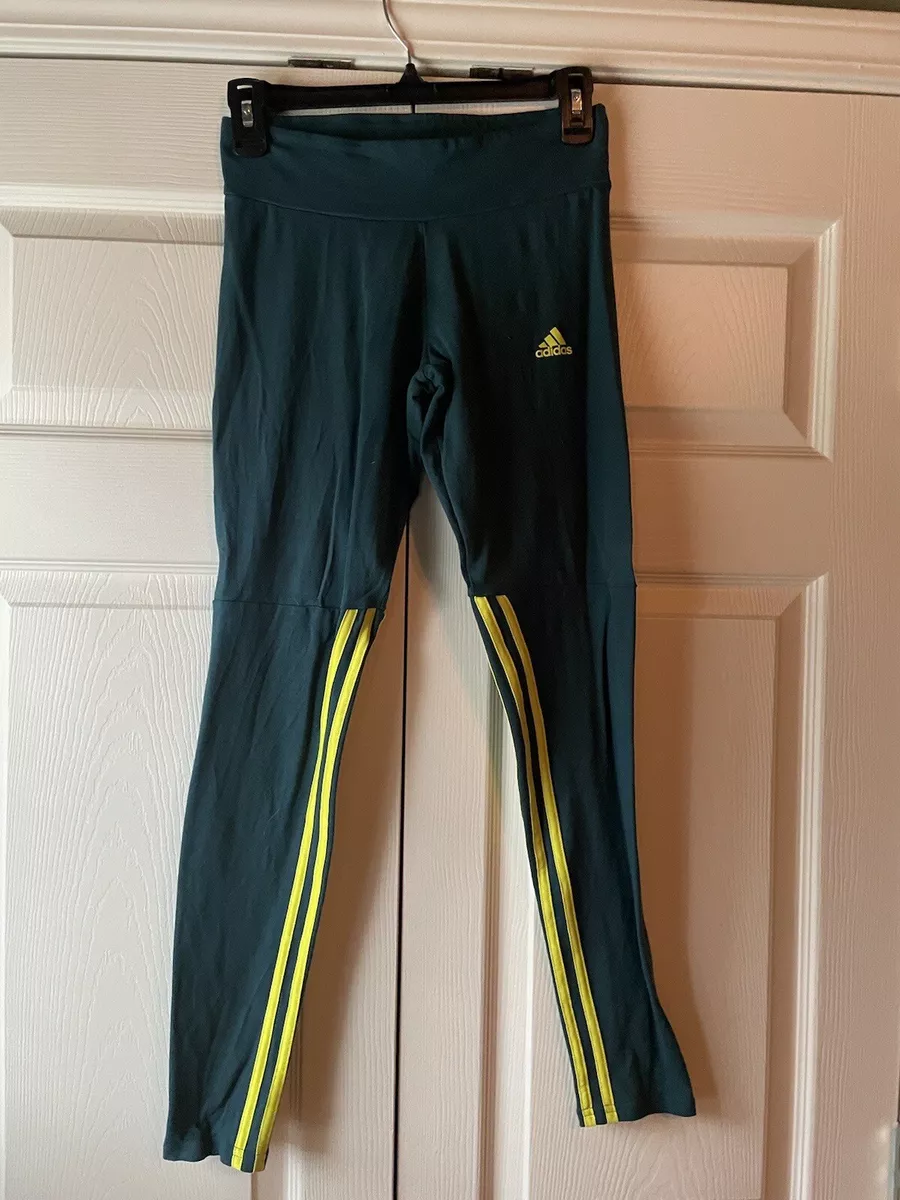 Adidas Womens Teal Green With Yellow 3-Striped Leggings Small