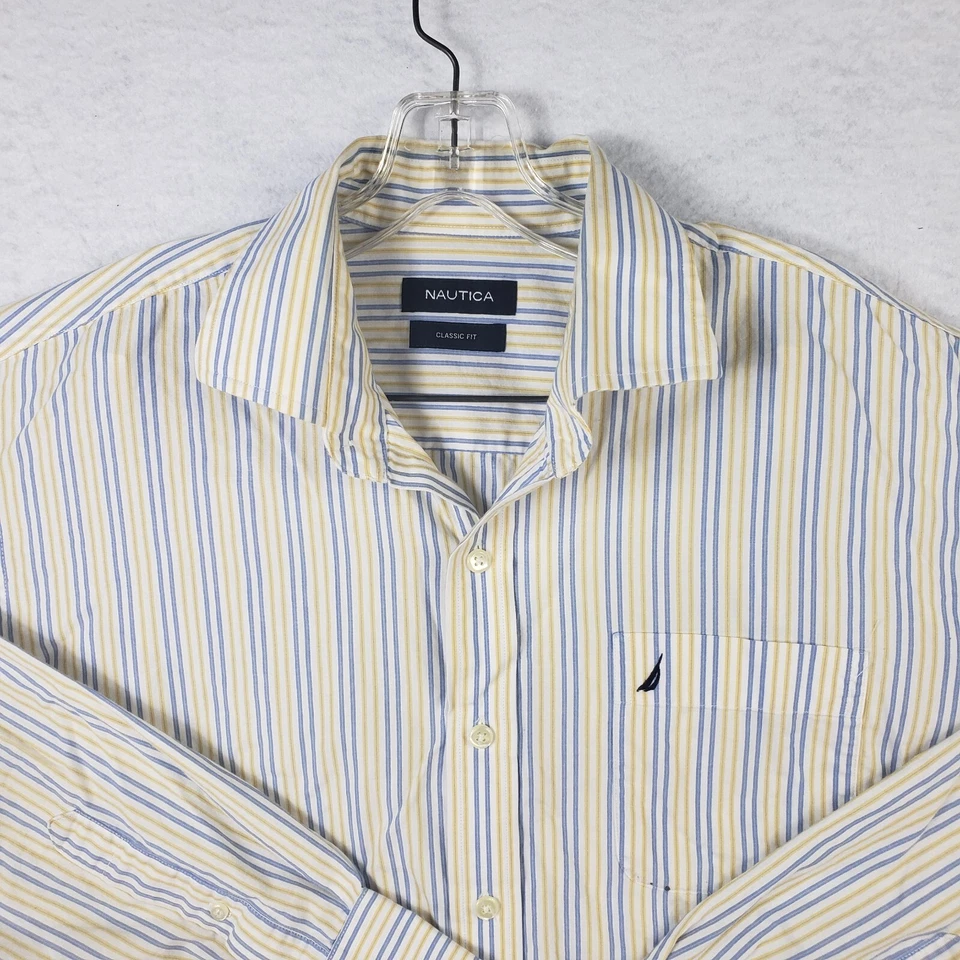 Nautica платье рубашка мужская L большой 16,5 синий желтый в полоску повседневный длинным рукавом - Изображение 3 из 4