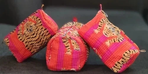 Pink Tiger Toiletry Bag Indian Cotton Quilted Toiletry Cosmetic Purse Of 3 Pcs
