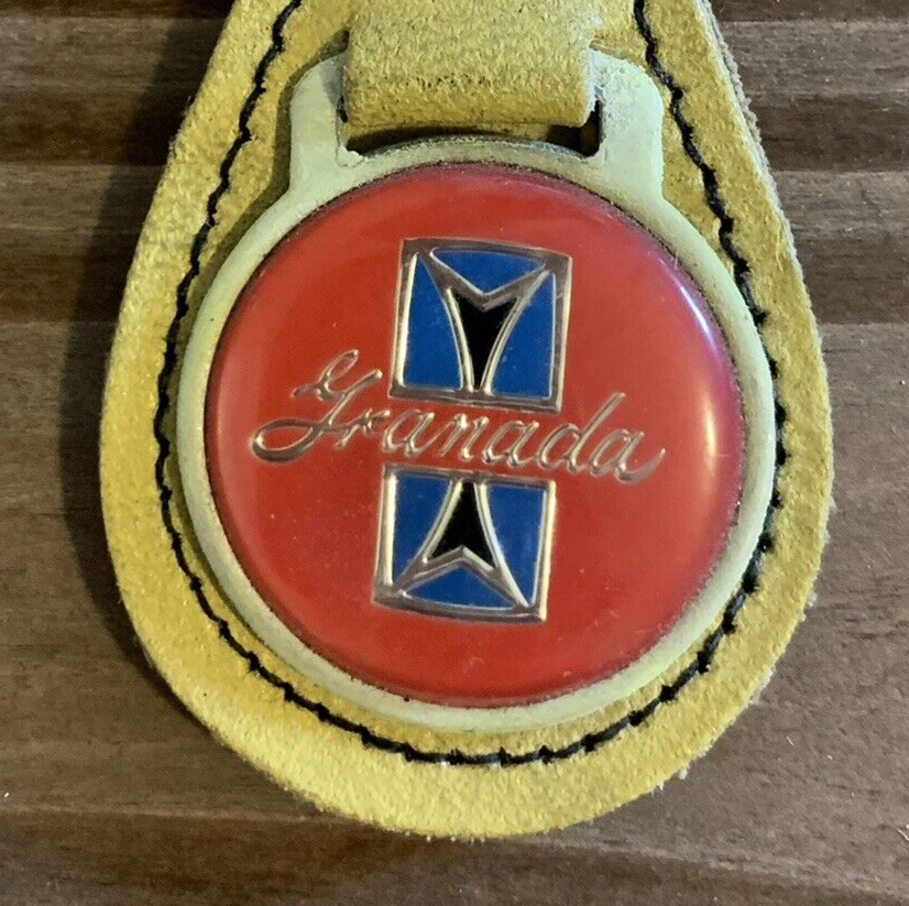 Ford Granada Car Key Chain Ring Fob Leather Yellow Silver Vtg 1970s