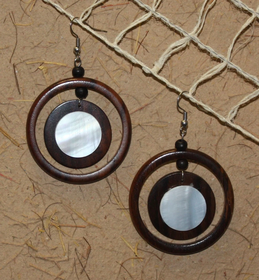 Ohrringe Holz Perlmutt rund Ohrhänger Ohrring Ohrschmuck Holz Ohrringe Perlmut - Bild 2 von 3