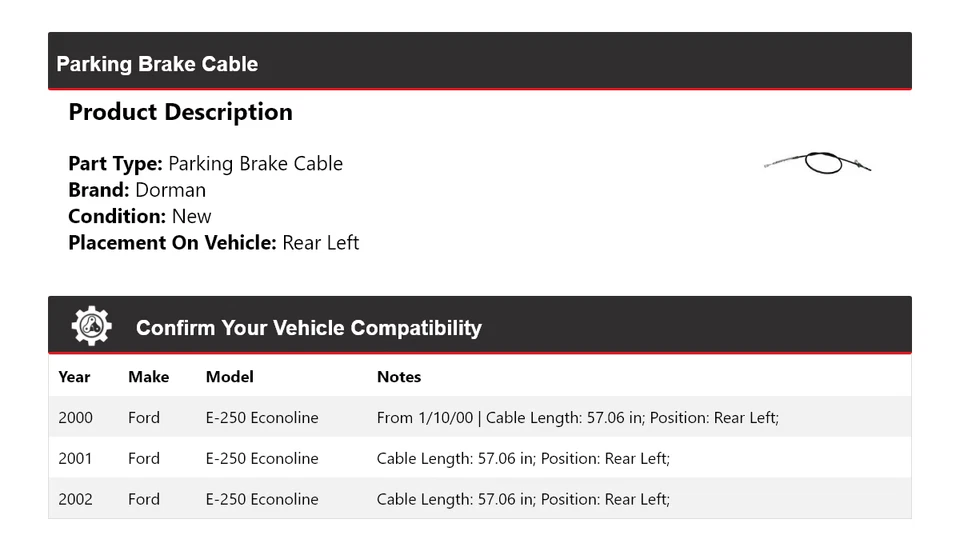 Cable de freno de estacionamiento trasero izquierdo 2001 para Ford E-250 Econoline Dorman 2000-2002 Foto 2 de 4