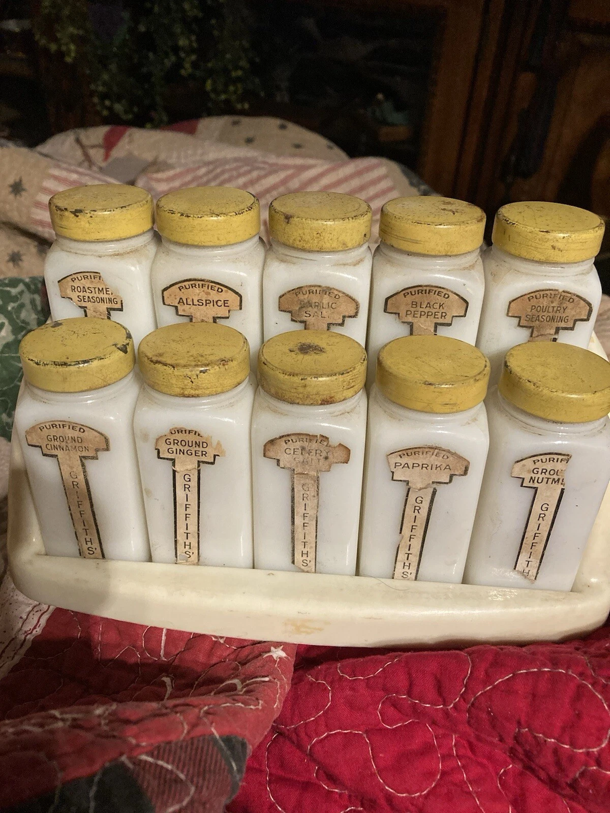 Vintage Milk Glass Griffith’s Paper Label Spice Set With Rack