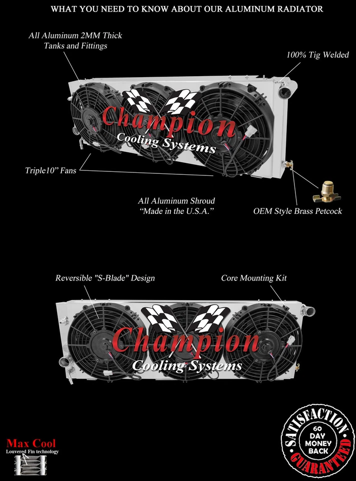 2 Row KR Champion Radiator, 3 10" Fans and Shroud for 1984 - 1990 Jeep Wagoneer - Image 3 of 4