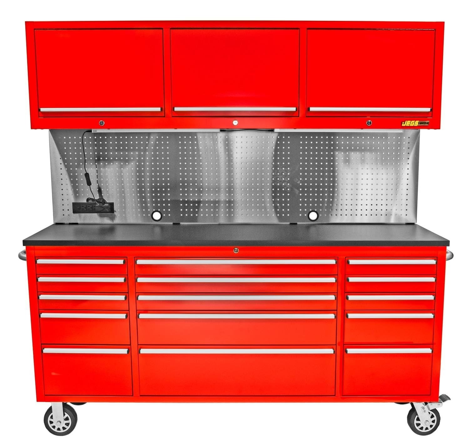 JEGS 72 in. 15-Drawer Rolling Tool Cabinet with Upper Storage [Red]