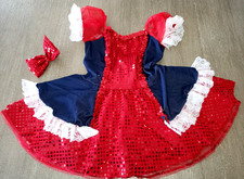 girls RED WHITE BLUE SEQUINS LACE DANCE LEOTARD MATCHING HAIR BOW SMALL 5/7 CUTE