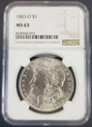 1883-O US Morgan Silver Dollar - NGC Graded MS 63 -013