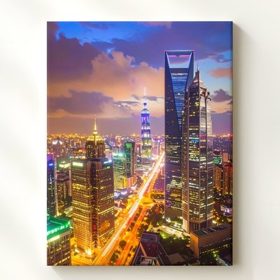 Shanghai Night Cityscape Canvasilluminated Skyscrapers And Lively Streets Wall