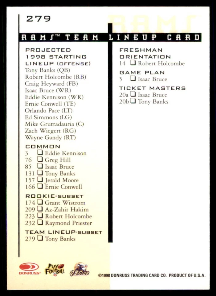 1998 Leaf Rookies & Stars - Team Lineup Card Tony Banks #279 - Image 2 of 2