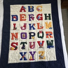 Vintage Lorezun Hand Embroidered ABC Baby Quilt Blanket Navy White Cotton Poly