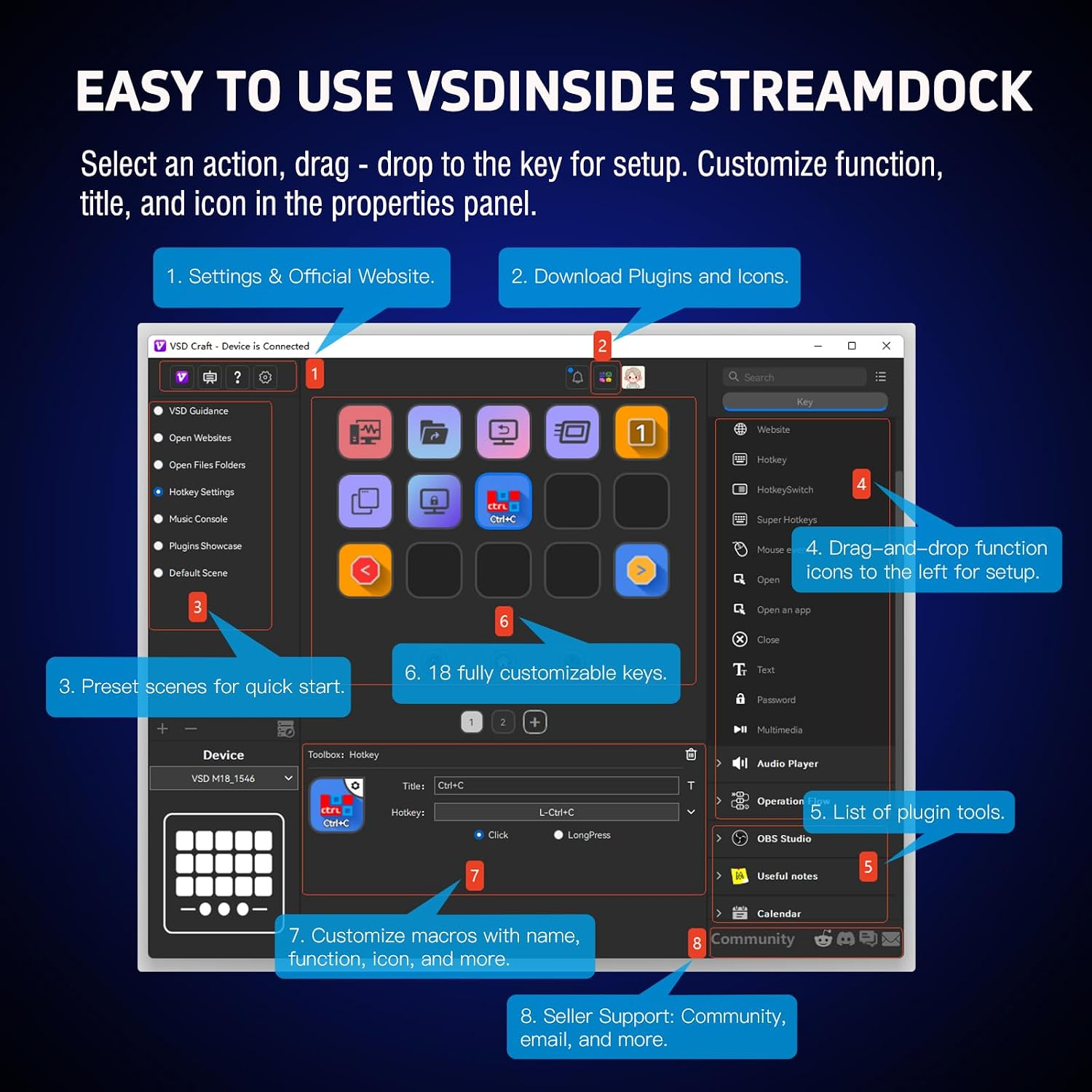 VSD M18 Macro Pad Programmable Keypad, Stream Controller Streaming Deck ...