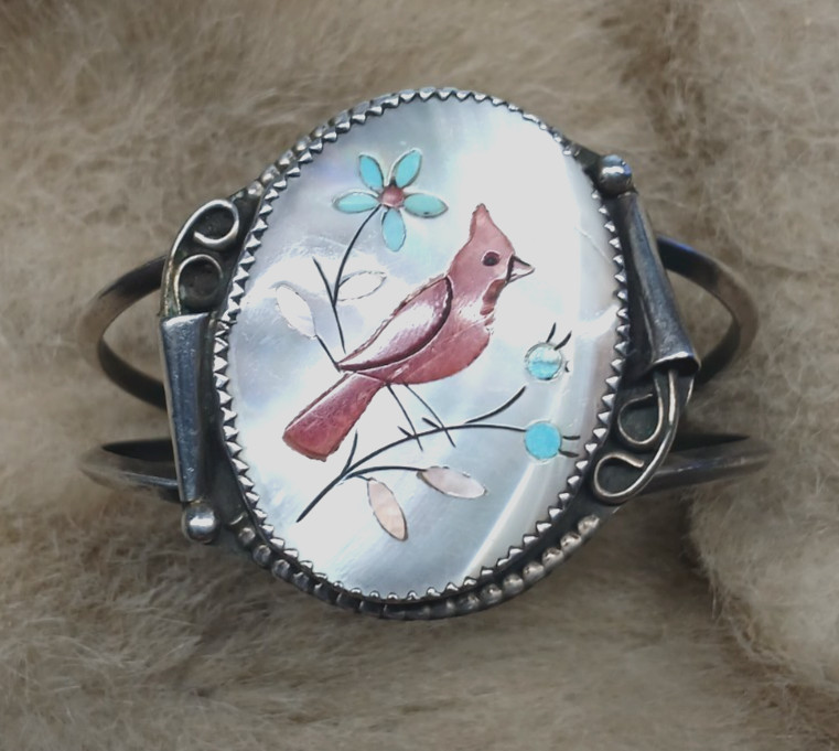 Vintage LARGE Inlaid RED CARDINAL On MOP w/TURQUOISE/ 925 Silver Cuff Bracelet