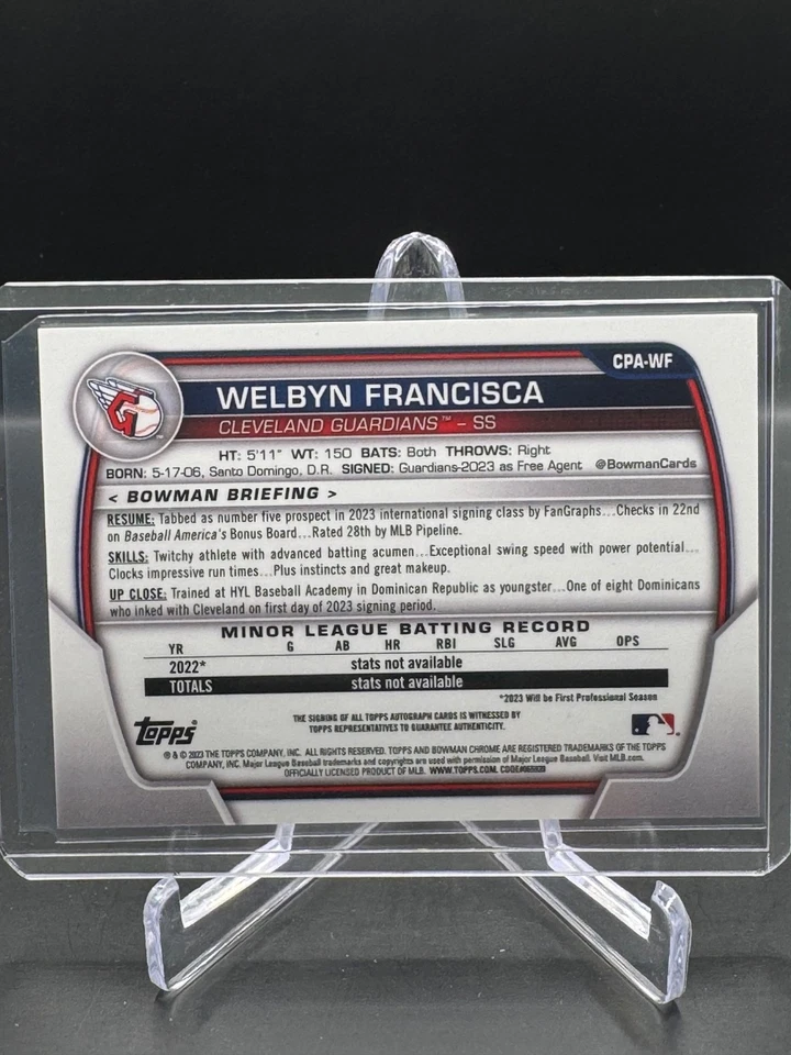 2023 BOWMAN CHROME!  WELBYN FRANCISCA!  1ST BOWMAN!  ON-CARD AUTO!  GUARDIANS! - Image 2 of 2