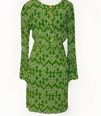 Jaclyn Smith Green Retro Geometric Print Dress Long Sleeve Brass Button Small 