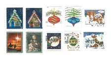 10 DIFFERENT  FOREVER CHRISTMAS STAMPS - USED AND OFF PAPER