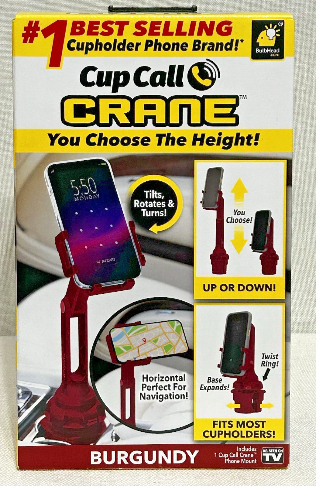 BulbHead Cup Call Crane Car Cell Phone Mount Holder Hands Free Rotate Tilt Burg.