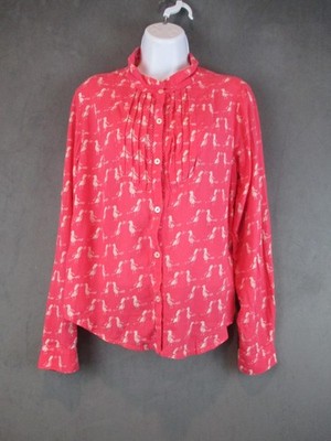 Holding Horses Shirt Womens 8 Pink Bird Print Anthropologie Long Sleeve Cotton