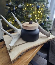 Rustic Real Deer Antler Decor w/ Live Edge Board + 18oz Red Apple Cedar Candle –