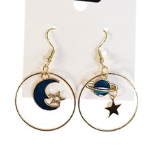 Celestial Planet Moon Star Earring Blue Enamel Gold Tone Dangle Hook Style 1.86"