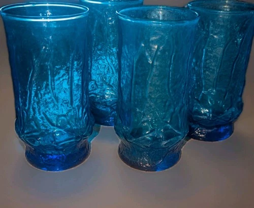 4 vintage Anchor Hocking "Rainflower" pattern tumblers in Laser Blue glass