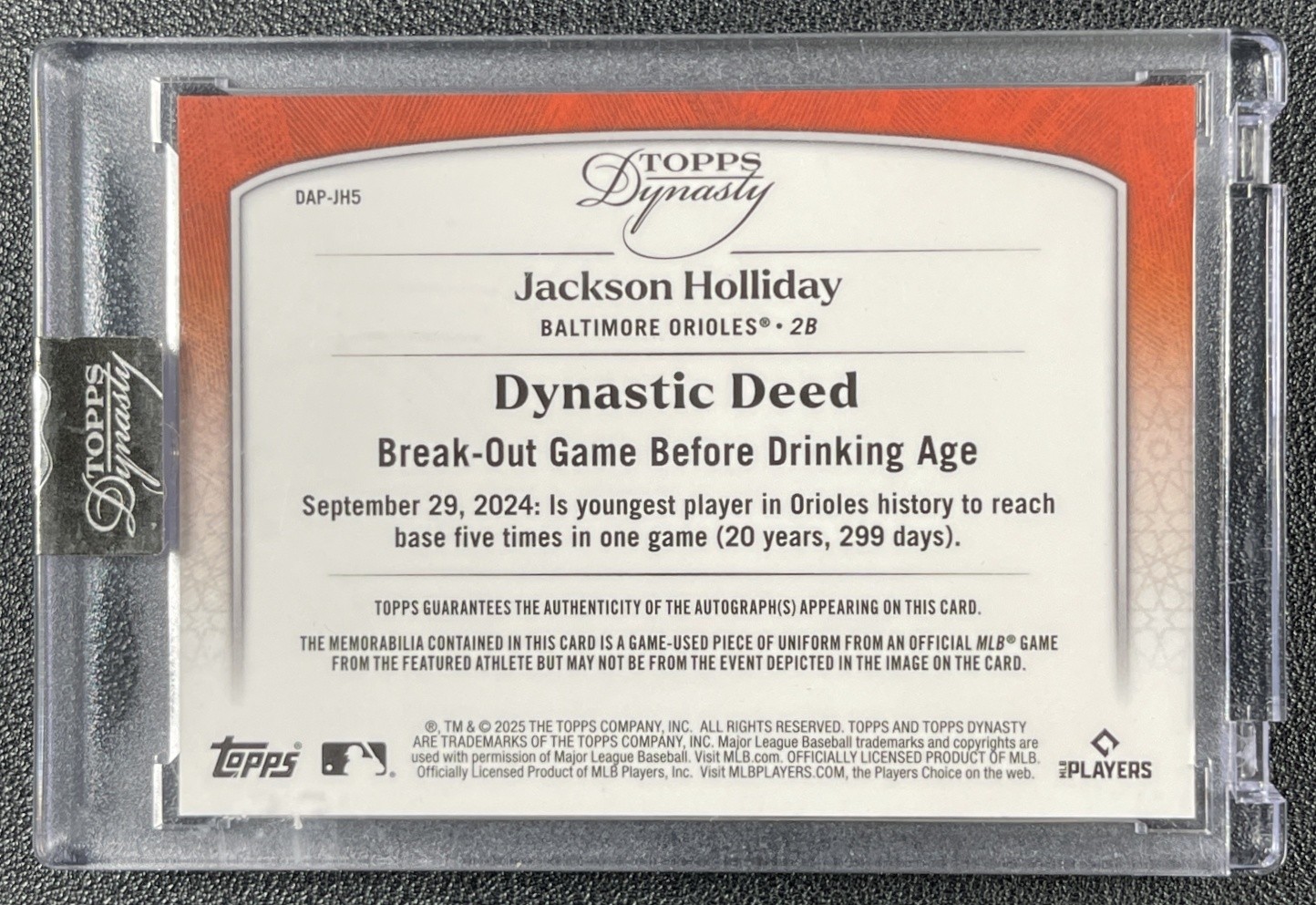 JACKSON HOLLIDAY 2025 TOPPS DYNASTY #DAP-JH5 GAME-USED PATCH AUTO SILVER 2/5 view 2