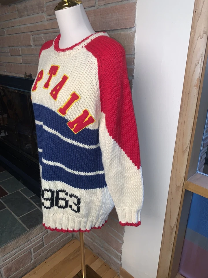 Vintage UNIONBAY Pullover Crew Neck Sweater Captain 1963 Red/Blue/Cream Large - Image 4 of 4