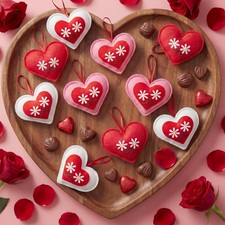 24 Pcs Felt Heart Valentines Day Ornaments Red and White Hanging Ornaments Va...