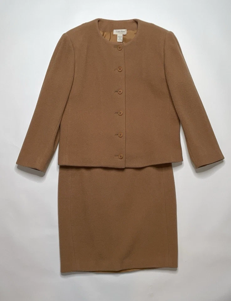 Nuevo con etiquetas Traje Falda Lana Tostado Camel Colección Calvin Klein Otoño 1995 Colección 8 Foto 3 de 4