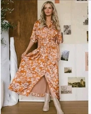 BOHME Dress Women M Jaslyn Floral Smocked Waist Flutter Sleeve Midi Orange