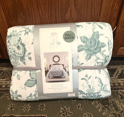 NEW RACHEL ASHWELL QUILT COTTON SLUB WHITE SAGE GREEN COTTAGE FLORAL FULL QUEEN