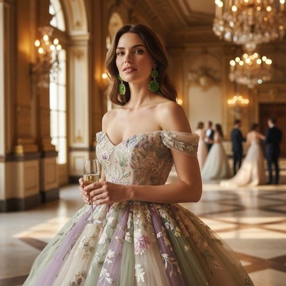 Pendientes colgantes Anna & Ann gema hexagonal tono oro verde llamativo. Foto 3 de 4