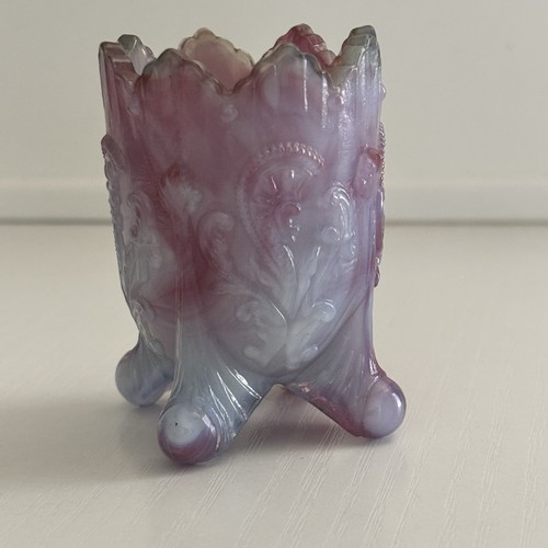 Vintage Slag Glass Toothpick Holder Fan And Feather Purple Blue GHM Marked