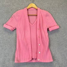Vintage 1970 Bubblegum Pink Ribbed Knit Cardigan Shell 2-Piece Set Barbiecore XS